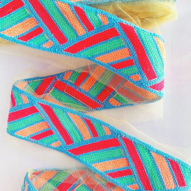 Beige Net With Blue, Red, Cyan And Coral Pink Embroidery